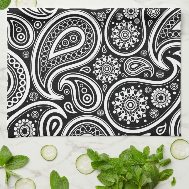 Paisley Pattern, Persian Paisley, Black and White Kitchen Towel (Folded)