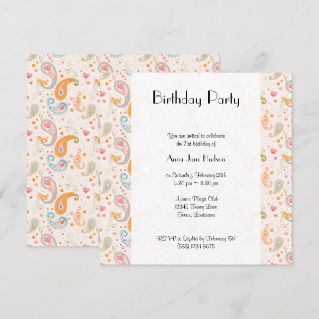 Paisley Pattern, Persian Paisley, Boteh, Birthday  Invitation (Front/Back)