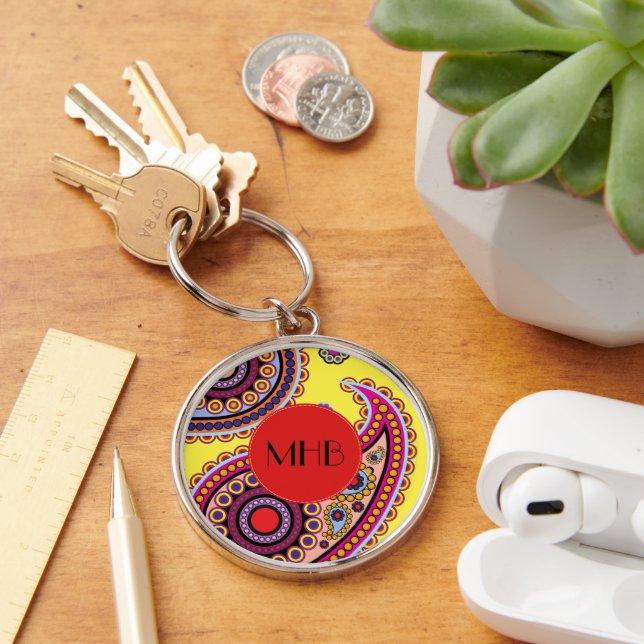 Paisley Pattern, Persian Paisley, Boteh, Monogram Keychain (Desk)
