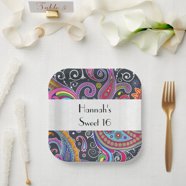 Paisley Pattern, Persian Paisley, Boteh, Sweet 16 Paper Plates (Wedding)