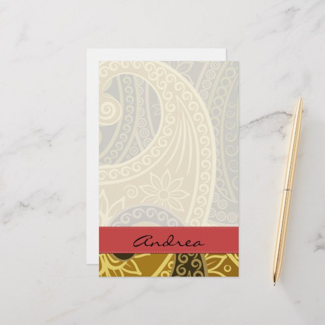 Paisley Pattern, Persian Paisley, Boteh, Your Name Stationery (Front/Back In Situ)