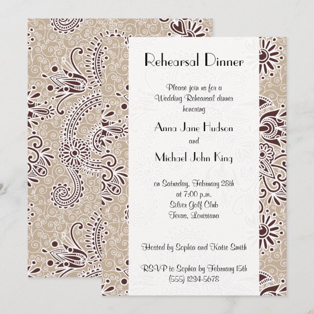 Paisley Pattern, Persian Paisley, Rehearsal Dinner Invitation (Front/Back)