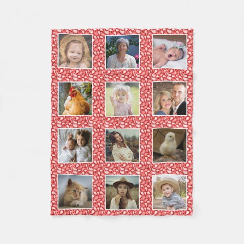 Paisley Pattern Red Custom 12 Family Photo Collage Fleece Blanket