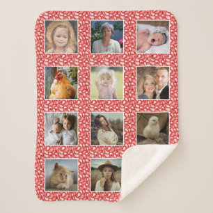 Paisley Pattern Red Custom 12 Family Photo Collage Sherpa Blanket