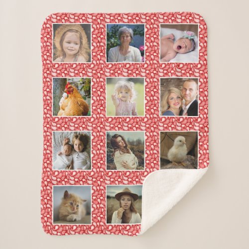 Paisley Pattern Red Custom 12 Family Photo Collage Sherpa Blanket