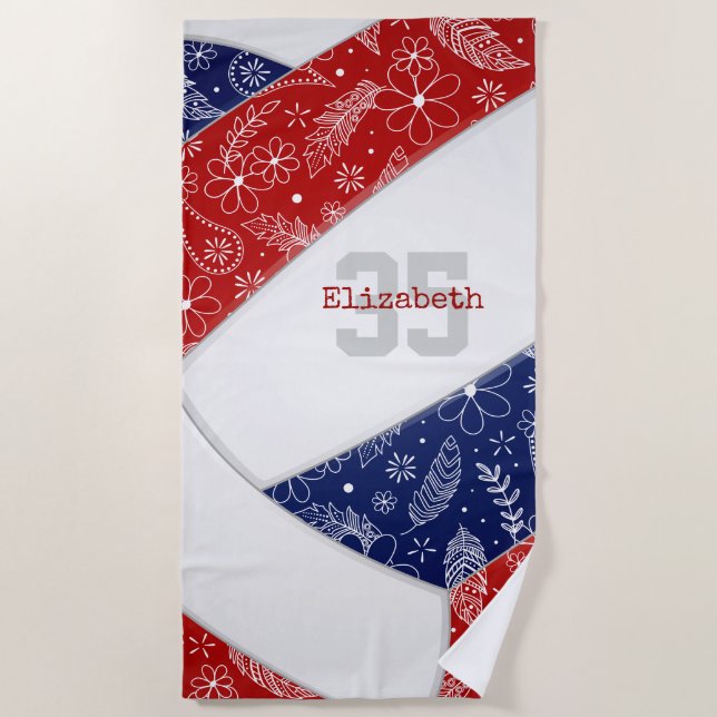 paisley pattern red navy blue artsy volleyball beach towel (Front)