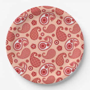 Paisley Pattern, Shades of Coral Orange Paper Plates