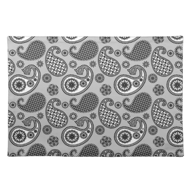 Paisley pattern, shades of grey, black and white placemat (Front)