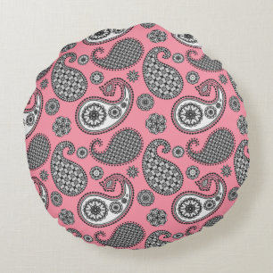 Paisley pattern, shades of grey on pink round pillow