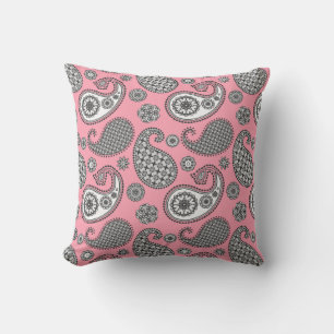 Paisley pattern, shades of grey on pink throw pillow