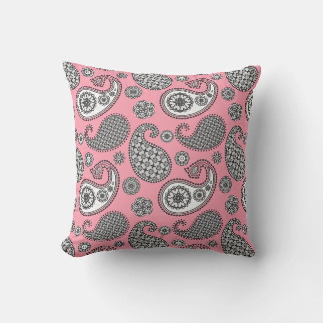 Paisley pattern, shades of grey on pink throw pillow (Front)