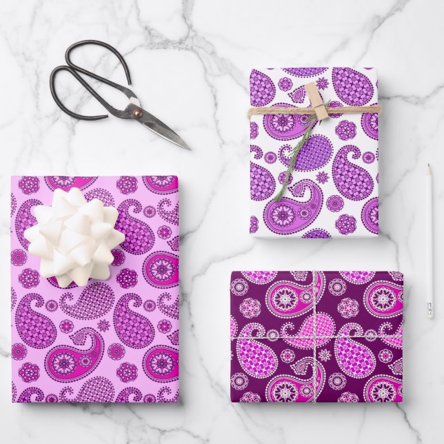 Paisley Pattern, Shades of Orchid and Purple Wrapping Paper Sheets (Front)