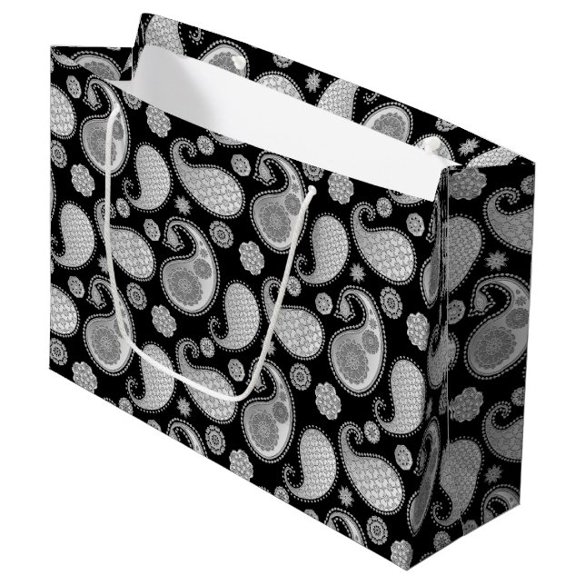 Paisley pattern, Silver Gray / Grey on Black Large Gift Bag (Front Angled)