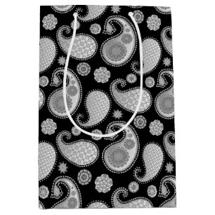 Paisley pattern, Silver Gray / Grey on Black Medium Gift Bag