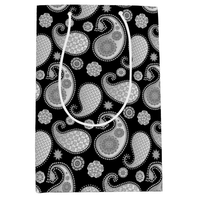 Paisley pattern, Silver Gray / Grey on Black Medium Gift Bag (Front)