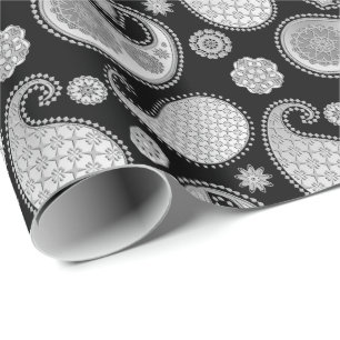 Paisley pattern, Silver Gray / Grey on Black Wrapping Paper