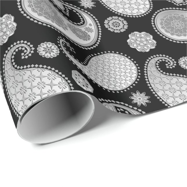 Paisley pattern, Silver Gray / Grey on Black Wrapping Paper (Roll Corner)