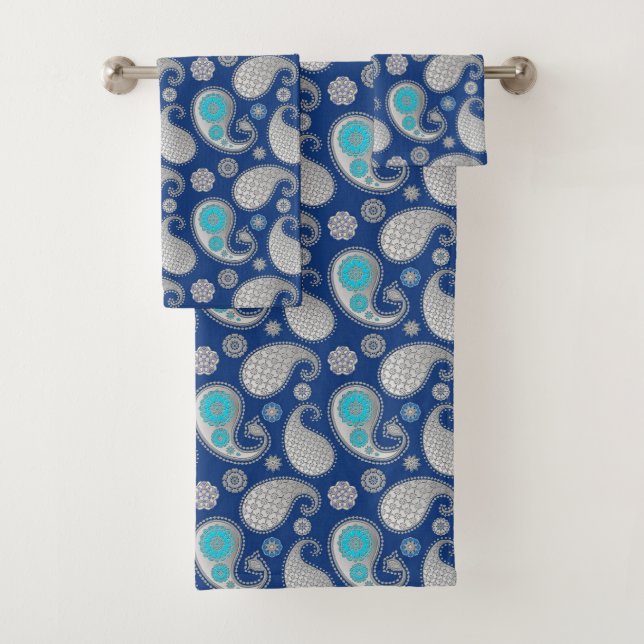 Paisley pattern, Silver Gray / Grey on Cobalt Blue Bath Towel Set (Insitu)