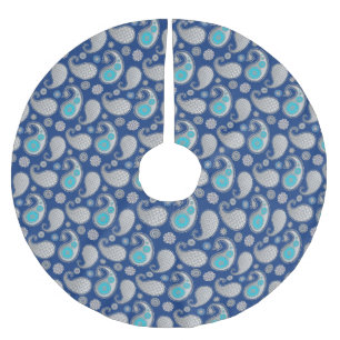 Paisley pattern, Silver Gray / Grey on Cobalt Blue Brushed Polyester Tree Skirt