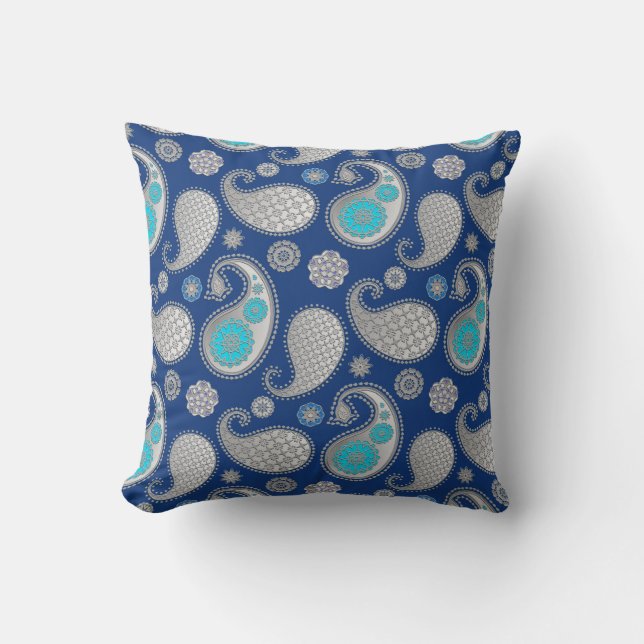 Paisley pattern, Silver Gray / Grey on Cobalt Blue Throw Pillow (Front)
