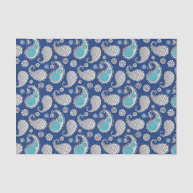 Paisley pattern, Silver Gray / Grey on Cobalt Blue Tissue Paper (Front)