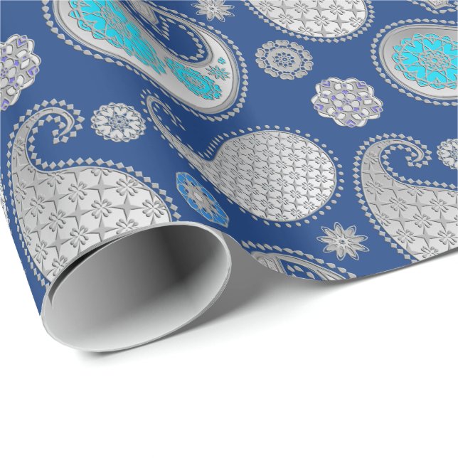 Paisley pattern, Silver Gray / Grey on Cobalt Blue Wrapping Paper (Roll Corner)