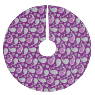 Paisley pattern, Silver Gray / Grey on Deep Purple Brushed Polyester Tree Skirt