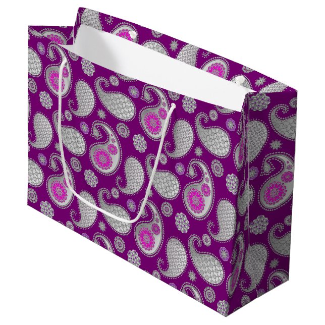 Paisley pattern, Silver Gray / Grey on Deep Purple Large Gift Bag (Front Angled)