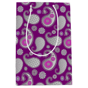 Paisley pattern, Silver Gray / Grey on Deep Purple Medium Gift Bag