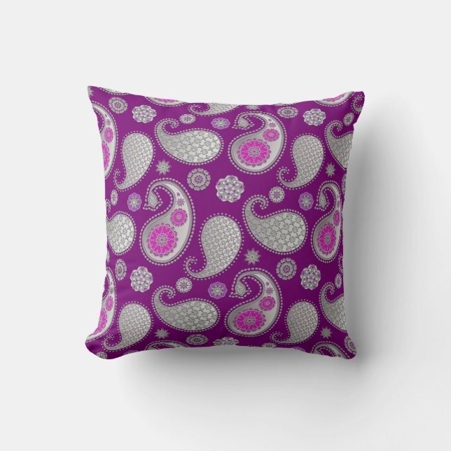 Paisley pattern, Silver Gray / Grey on Deep Purple Throw Pillow (Front)