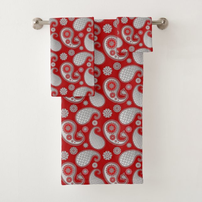 Paisley pattern, Silver Gray / Grey on Deep Red Bath Towel Set (Insitu)