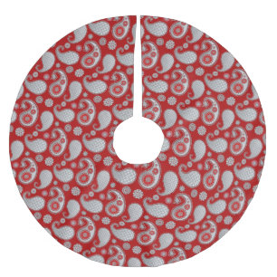 Paisley pattern, Silver Gray / Grey on Deep Red Brushed Polyester Tree Skirt