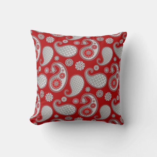 Paisley pattern, Silver Gray / Grey on Deep Red Throw Pillow (Front)