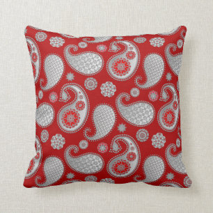 Paisley pattern, Silver Gray / Grey on Deep Red Throw Pillow