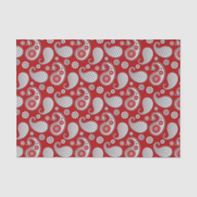 Paisley pattern, Silver Gray / Grey on Deep Red Tissue Paper (Front)