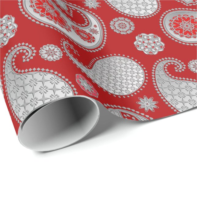 Paisley pattern, Silver Gray / Grey on Deep Red Wrapping Paper (Roll Corner)