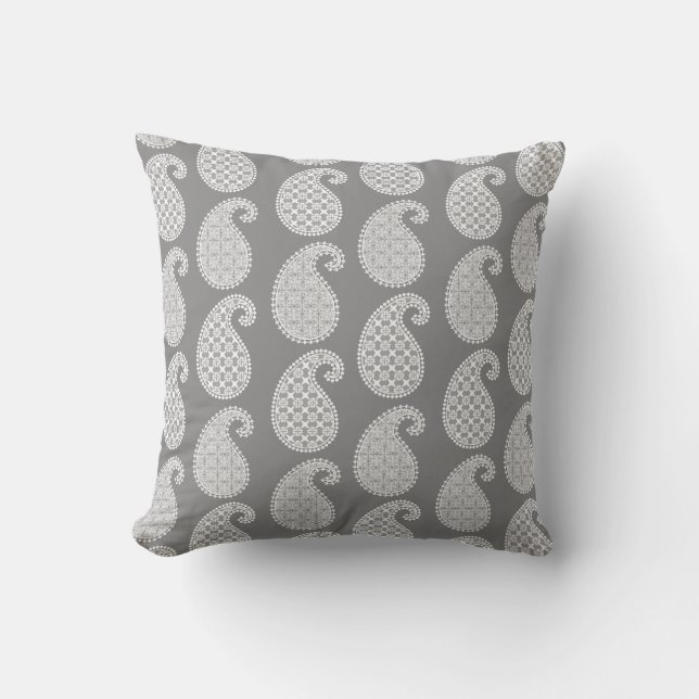 Paisley pattern, silver grey and white throw pillow (Front)