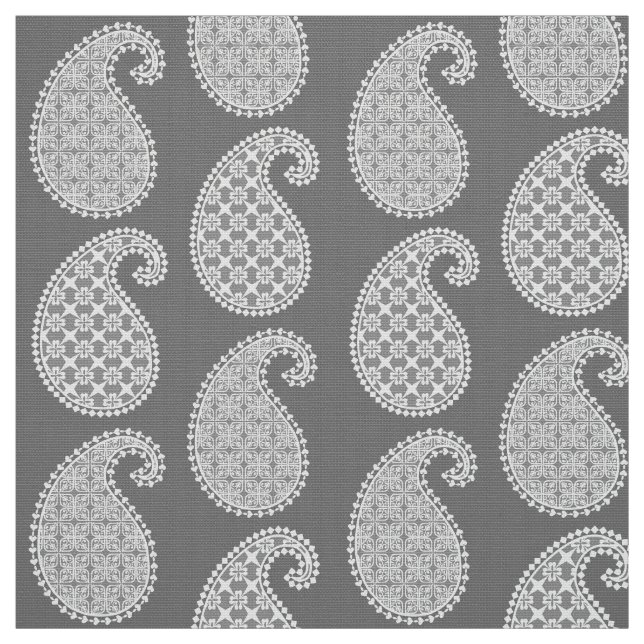 Paisley pattern, silver grey / gray and white fabric (Swatch)