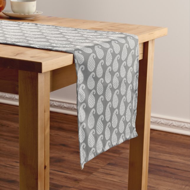 Paisley pattern, silver grey / gray and white short table runner (In Situ)