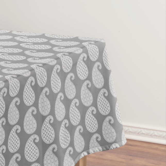 Paisley pattern, silver grey / gray and white tablecloth (In Situ)