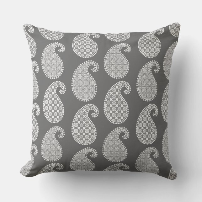 Paisley pattern, silver grey / gray and white throw pillow (Front)
