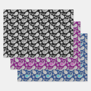 Paisley pattern, Silver on Black, Purple and Blue Wrapping Paper Sheets