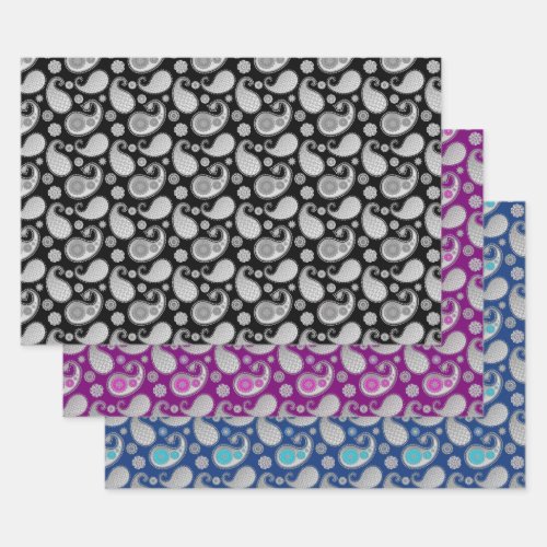 Paisley pattern Silver on Black Purple and Blue Wrapping Paper Sheets