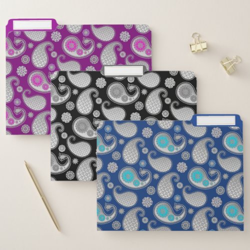 Paisley pattern Silver on Purple Blue  Black File Folder