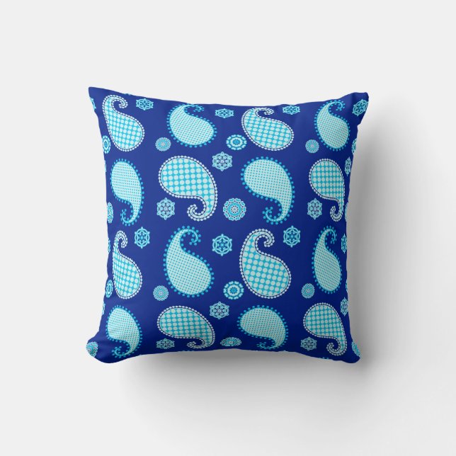 Paisley pattern, sky blue and cobalt throw pillow (Front)