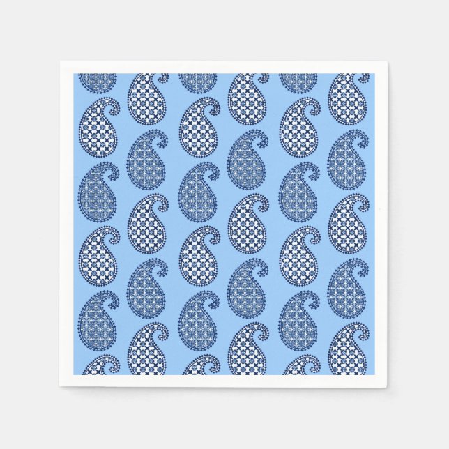 Paisley pattern, sky blue, navy and white paper napkins (Front)