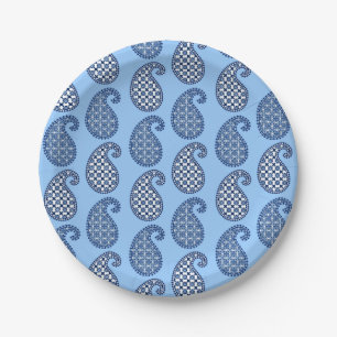 Paisley pattern, sky blue, navy and white paper plates