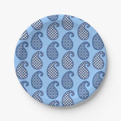 Paisley pattern sky blue navy and white paper plates