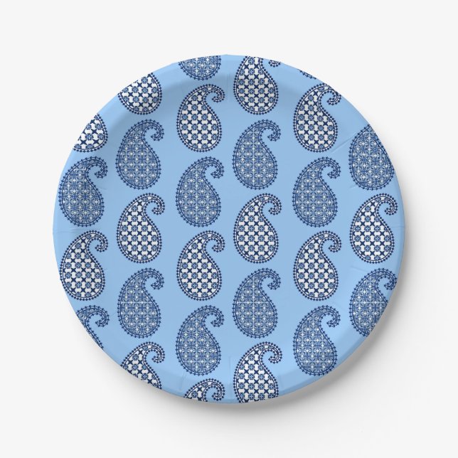 Paisley pattern, sky blue, navy and white paper plates (Front)