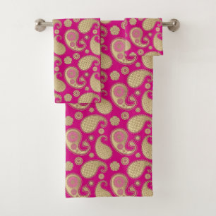 Paisley pattern, Soft Gold on Deep Fuchsia Pink Bath Towel Set